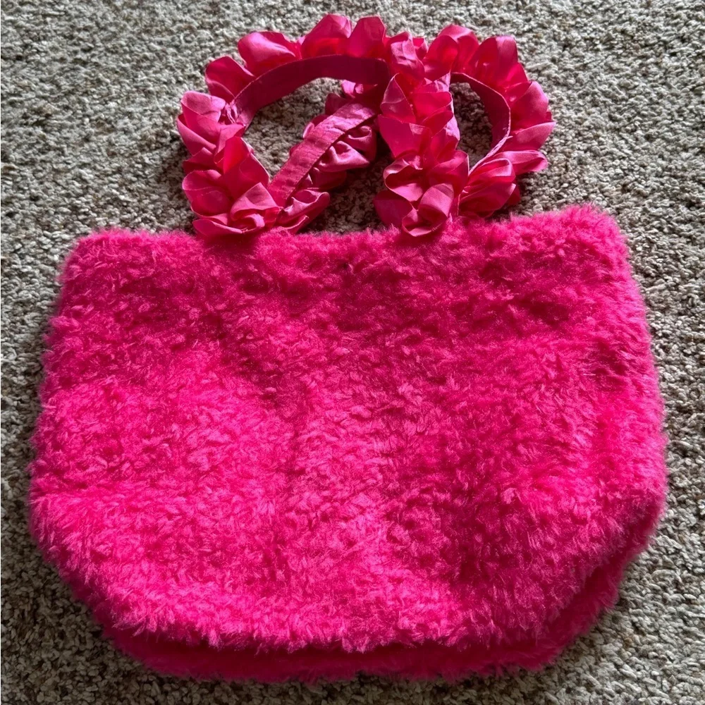 MAISON DE FLEUR Pink Fuzzy‎ Tote Bag with Ruffled Handles